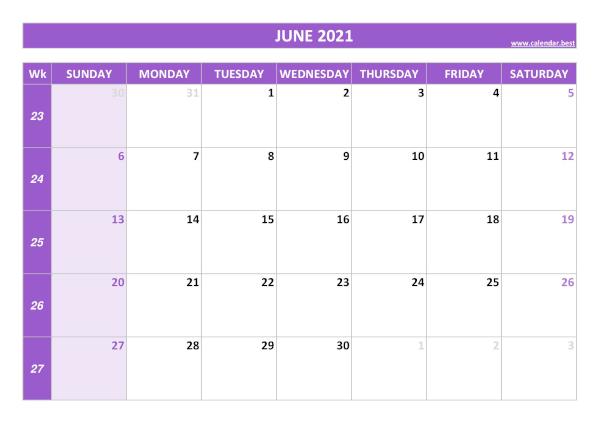 Monthly calendar with week : June 2021