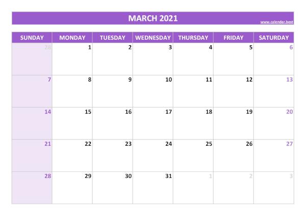 March calendar 2021