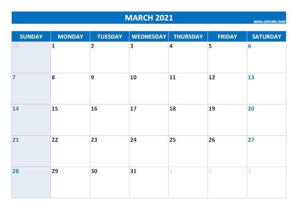 Monthly calendar with holidays : March 2021