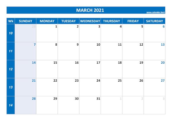 March calendar 2021 with week numbers