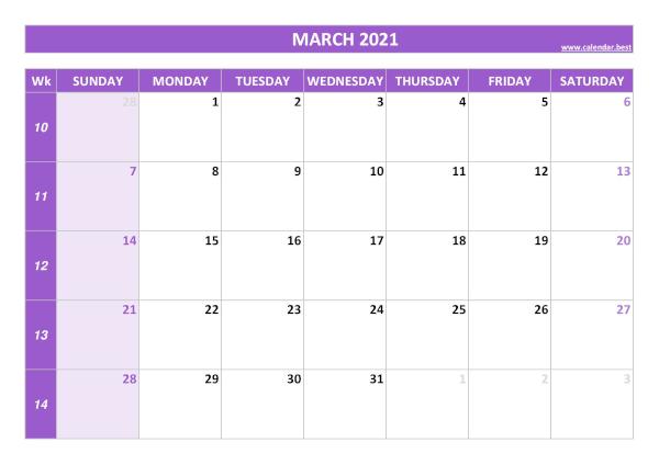 March calendar 2021 with week numbers