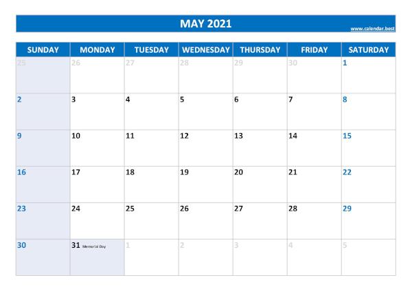 Monthly calendar with holidays : May 2021