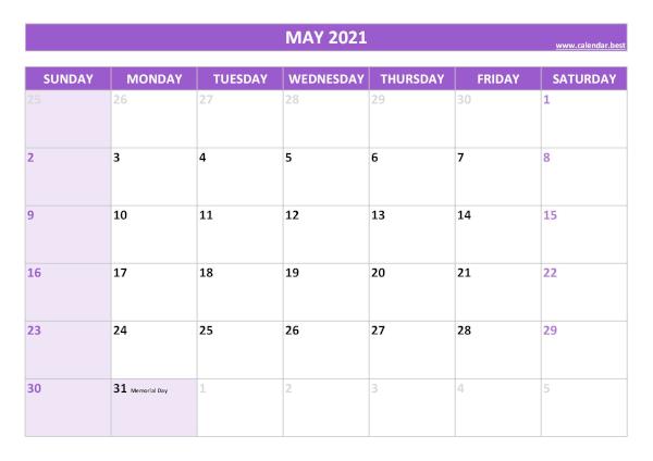 May calendar 2021 with holidays