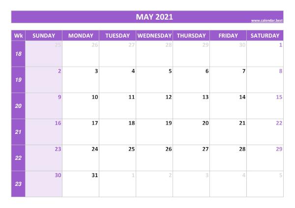 May calendar 2021 with week numbers