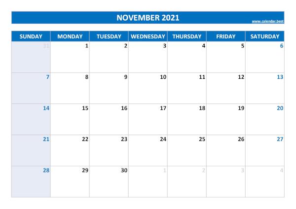 Blank monthly calendar : November 2021