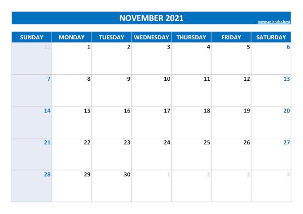 November calendar 2021