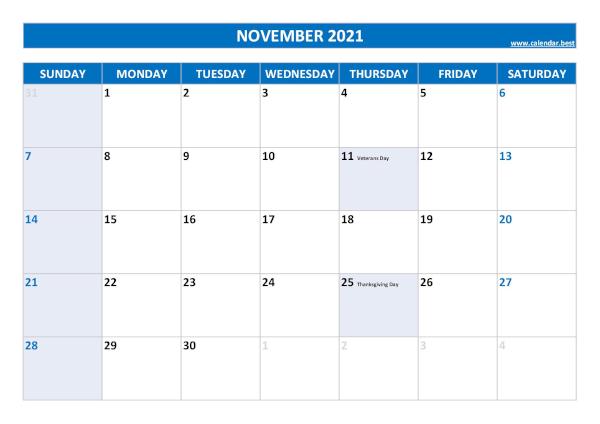 Monthly calendar with holidays : November 2021