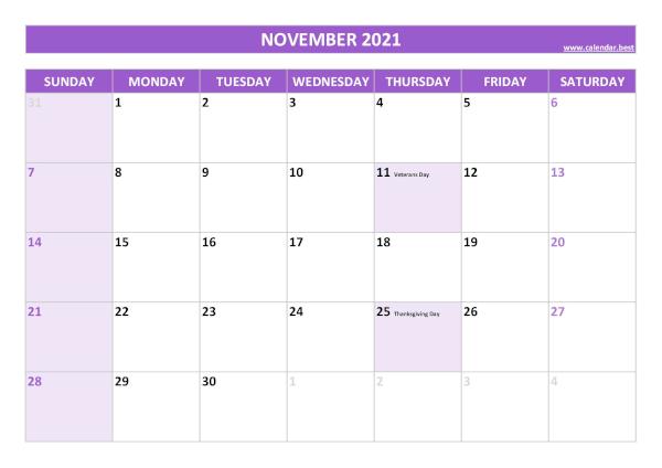 November calendar 2021 with holidays