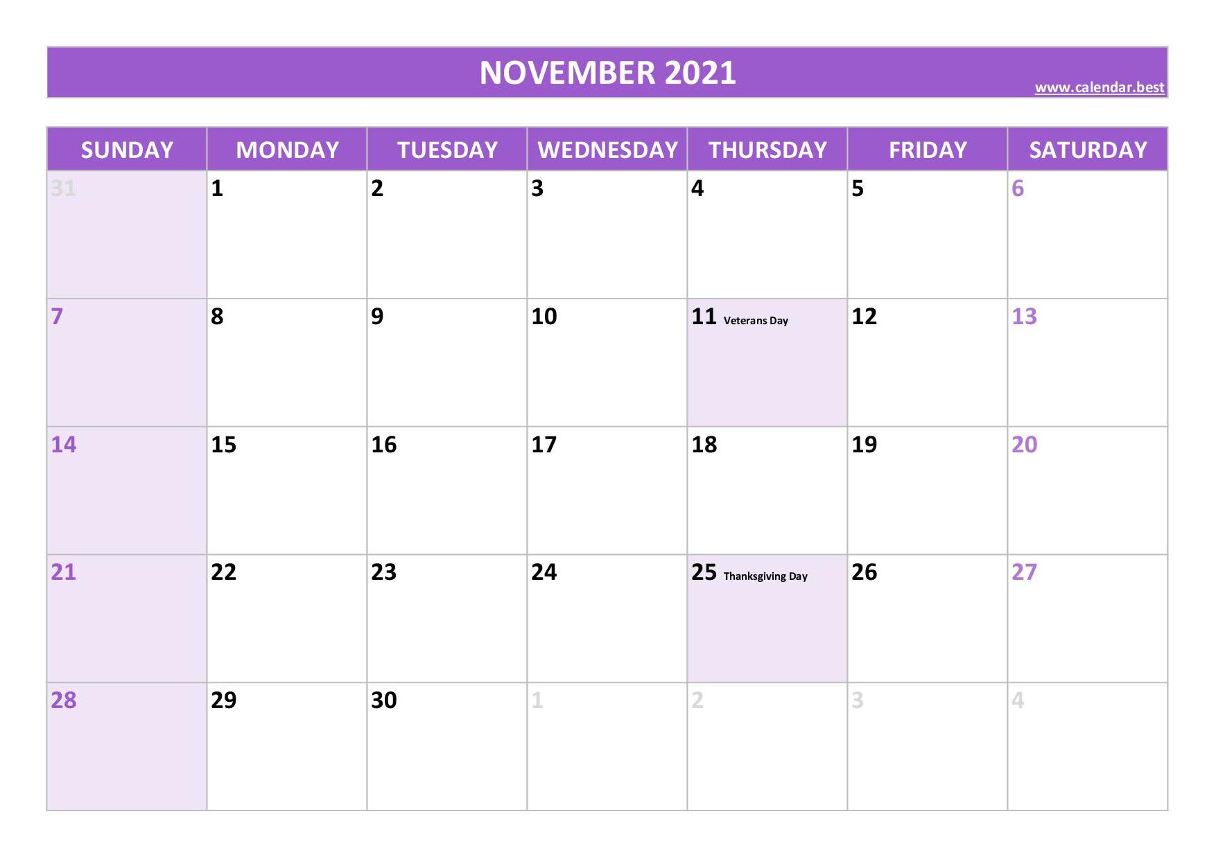 printable calendar november 2021 with holidays