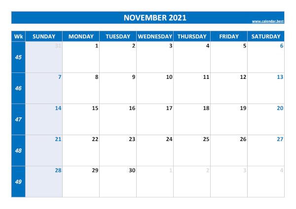 Monthly calendar with week : November 2021