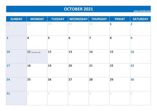 October calendar 2021 with holidays