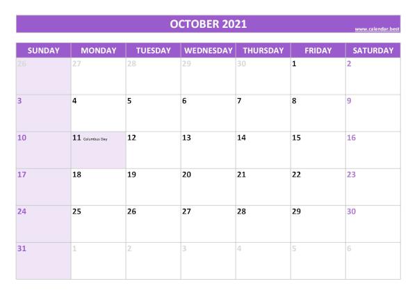 October calendar 2021 with holidays