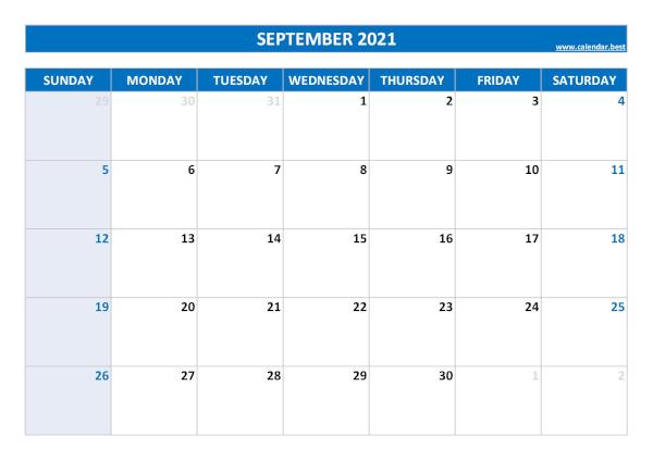 Blank monthly calendar : September 2021