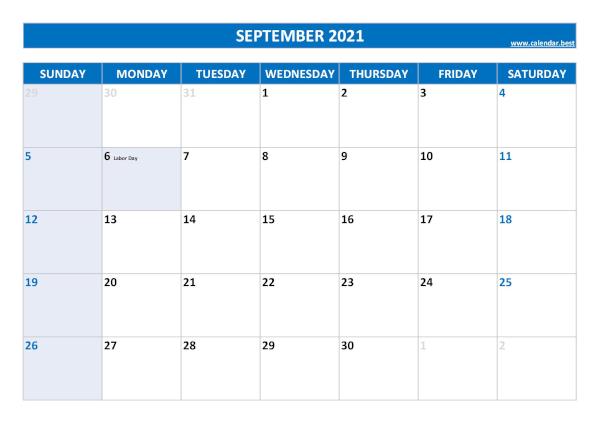 Monthly calendar with holidays : September 2021