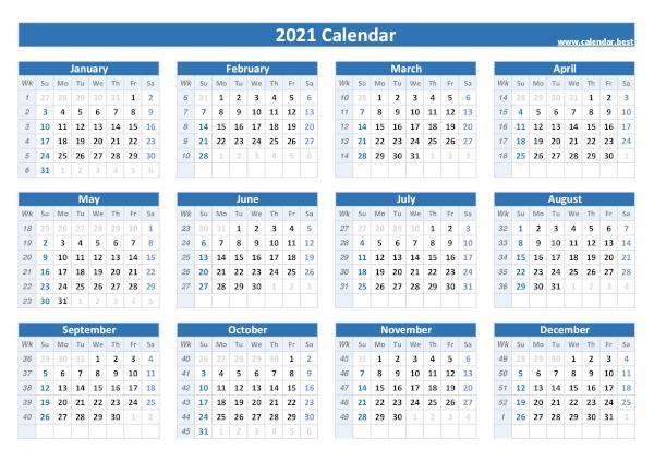 2021 calendar with week numbers.