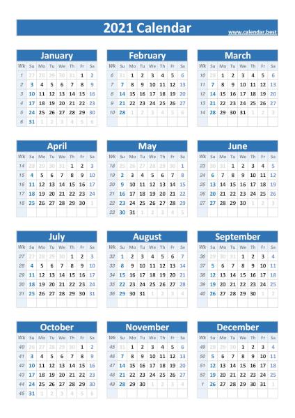 2021 calendar with weeks, blue template