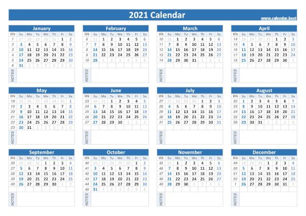 Calendar 2021 with week numbers