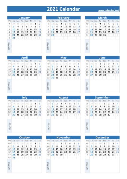 Calendar with weeks 2021