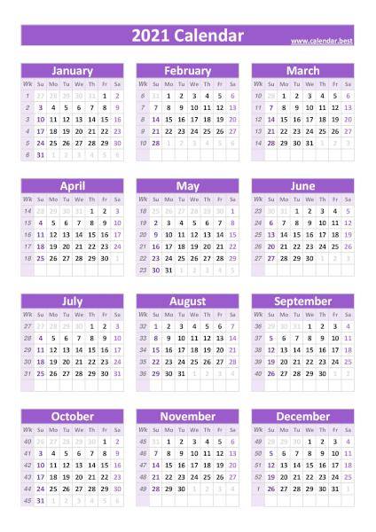 2021 calendar with weeks, purple template
