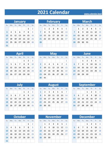 43+ Free Printable Calendar 2021 General Blue Background