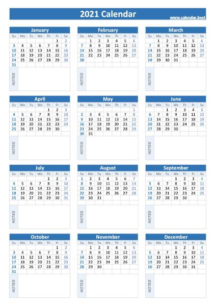 2021 calendar with blank notes