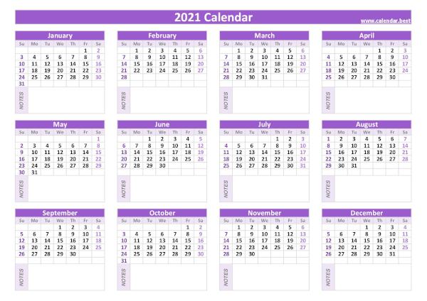 2021 calendar with blank notes
