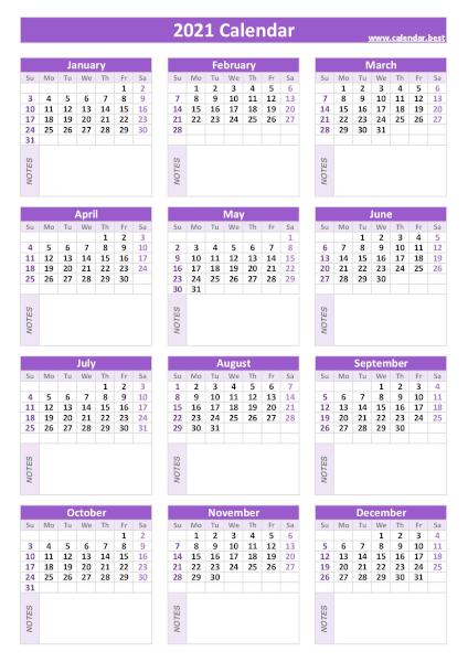 2021 calendar with blank notes