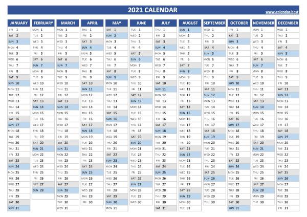 2021 yearly calendar