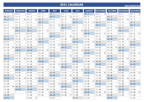 2021 yearly calendar with week numbers