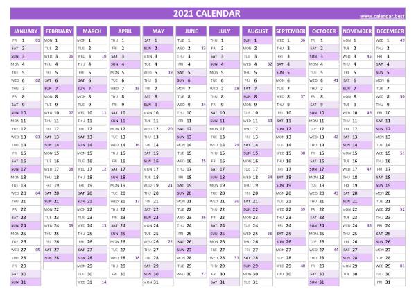 2021 yearly calendar with week numbers