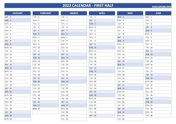 Calendar for the first 6 months of 2022 to print for free, blank version, blue template, A4 landscape format Blank calendar for first half 2022
