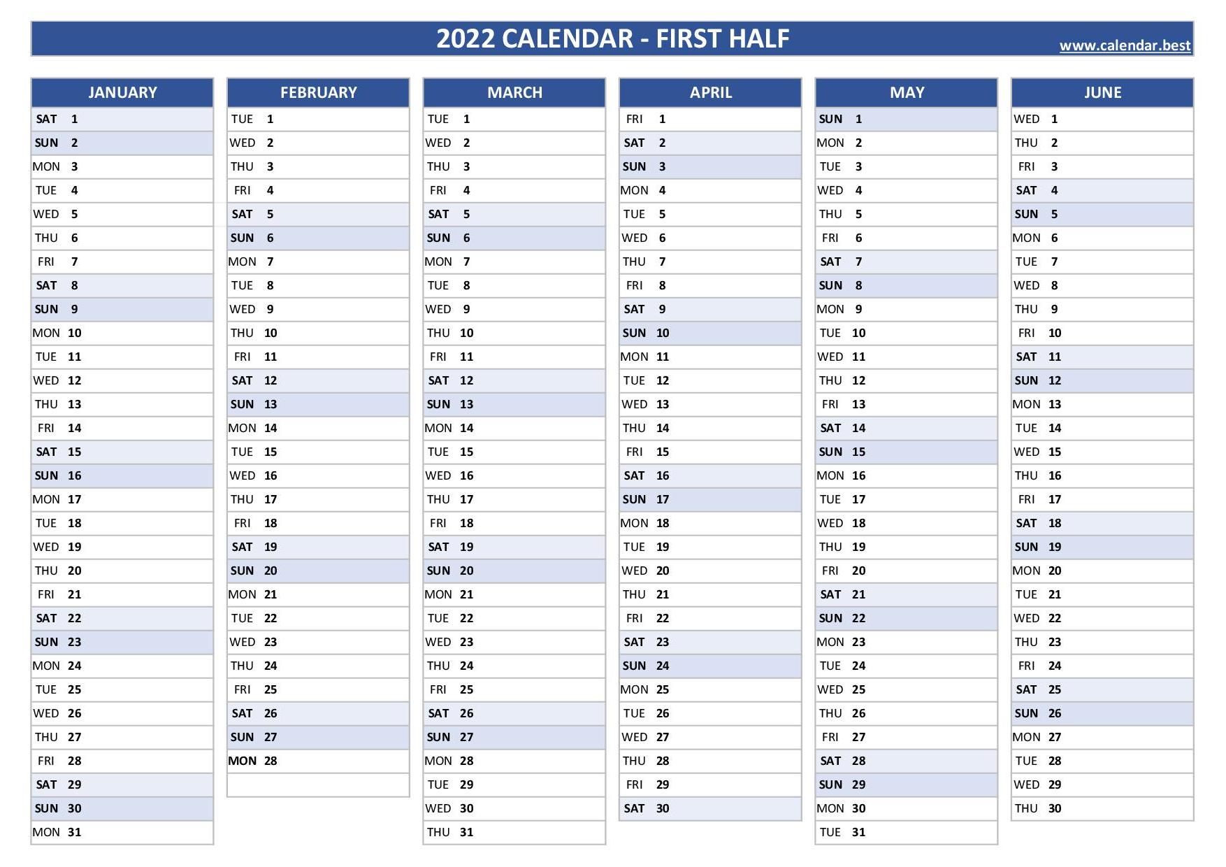 Half Page Calendar 2022 2022 Half Year Calendar To Print