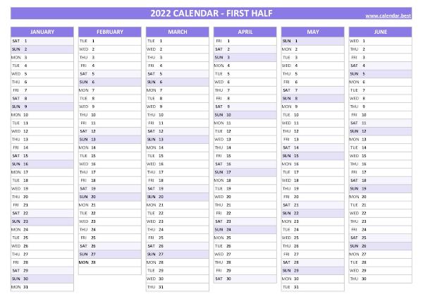 Calendar for the first 6 months of 2022 to print for free, blank version, purple template, A4 landscape format Blank calendar for first half 2022