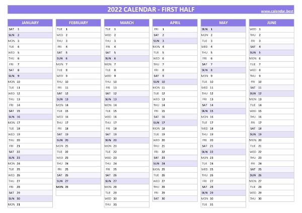 Blank calendar for first half 2022