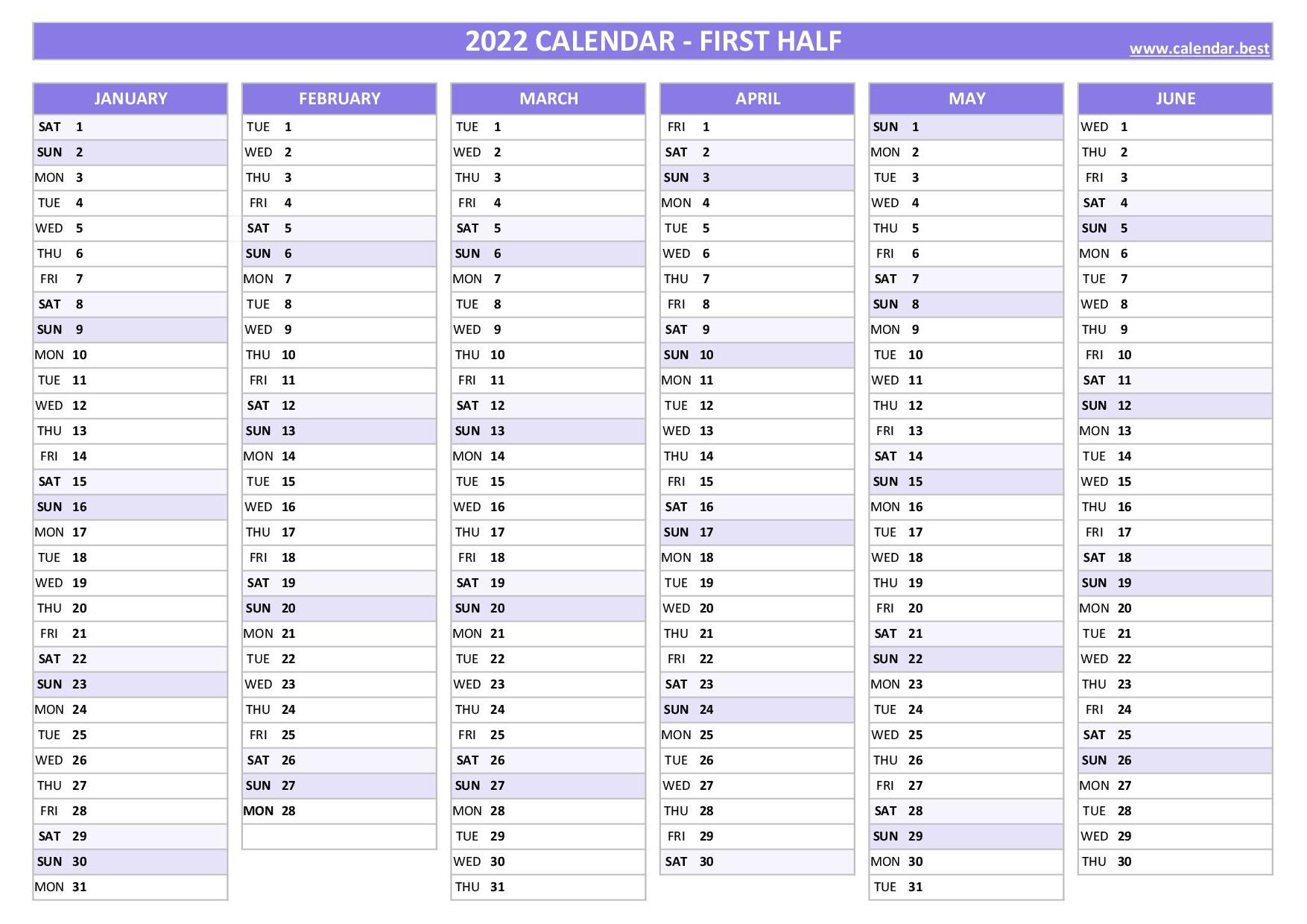 Half Page Calendar 2022 2022 Half Year Calendar To Print