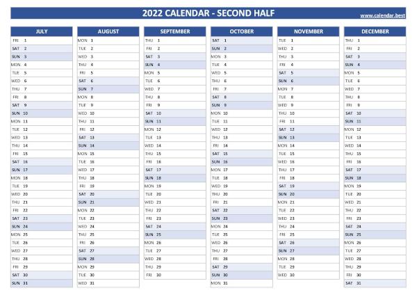 Calendar for the last 6 months of 2022 to print for free, blank version, blue template, A4 landscape format Blank calendar for second half 2022