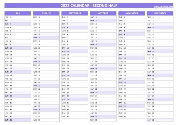 Blank calendar for second half 2022