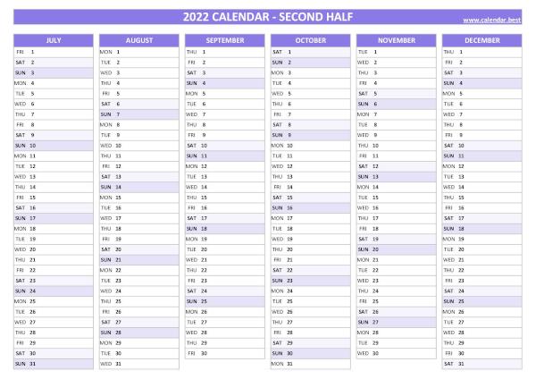 Calendar for the last 6 months of 2022 to print for free, blank version, purple template, A4 landscape format Blank calendar for second half 2022
