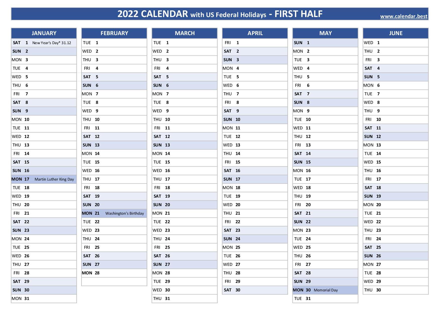 2022 Calendar With Holidays (Us Federal Holidays)