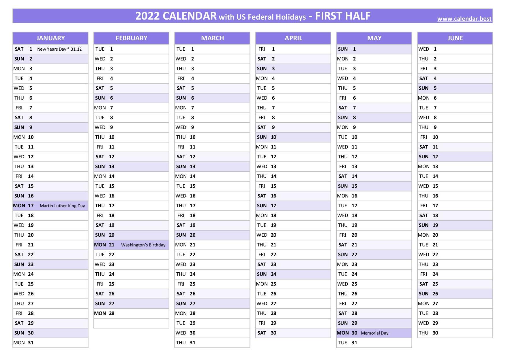 First half year calendar 2022 with holidays