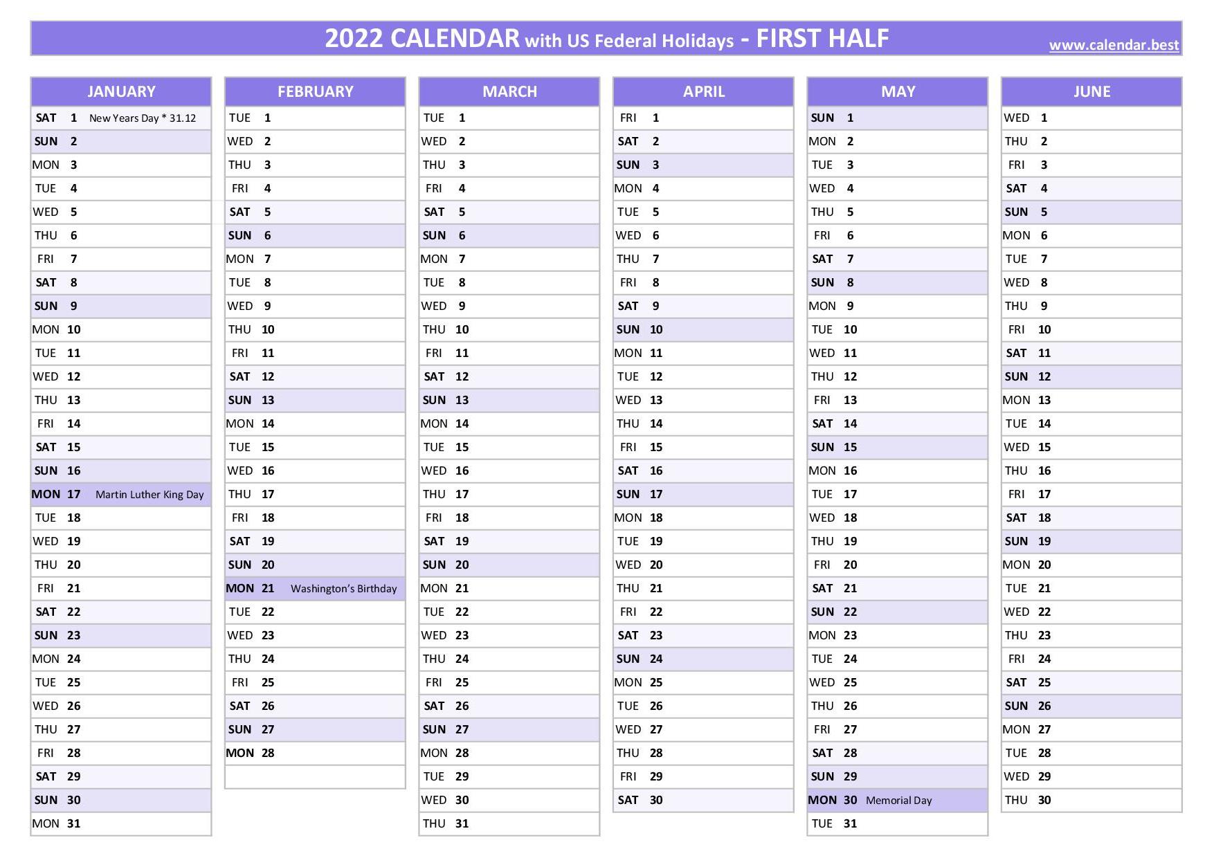1st half 2022 calendar with holidays to print, purple template First half year calendar 2022 with holidays