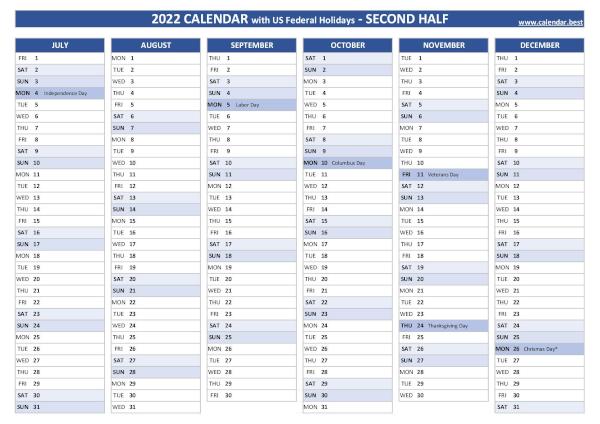 2nd half 2022 calendar with holidays to print, blue template Second half year calendar 2022 with holidays