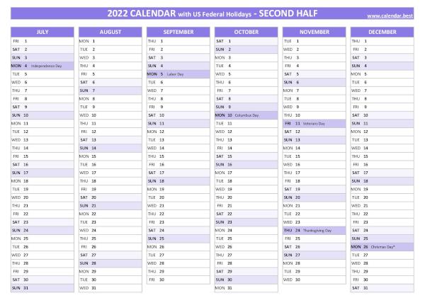 Second half year calendar 2022 with holidays