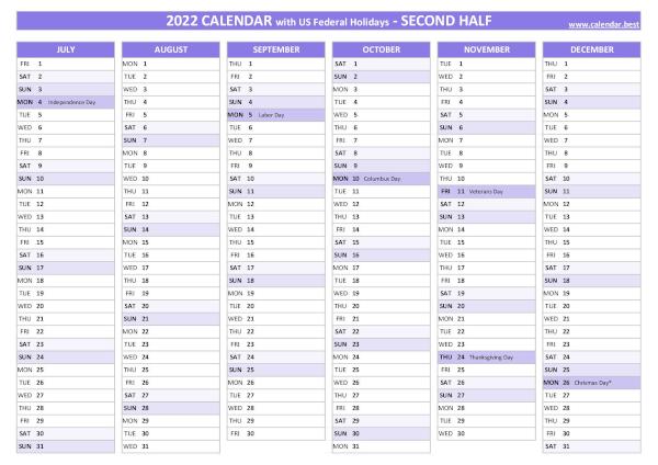 2nd half 2022 calendar with holidays to print, purple template Second half year calendar 2022 with holidays