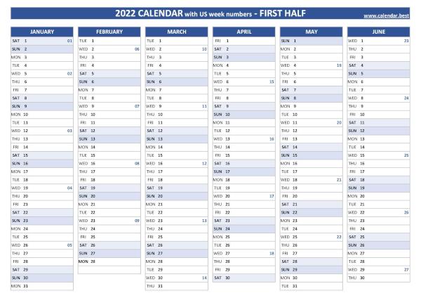1st half 2022 calendar with week numbers to print, blue template First half year calendar 2022 with week numbers