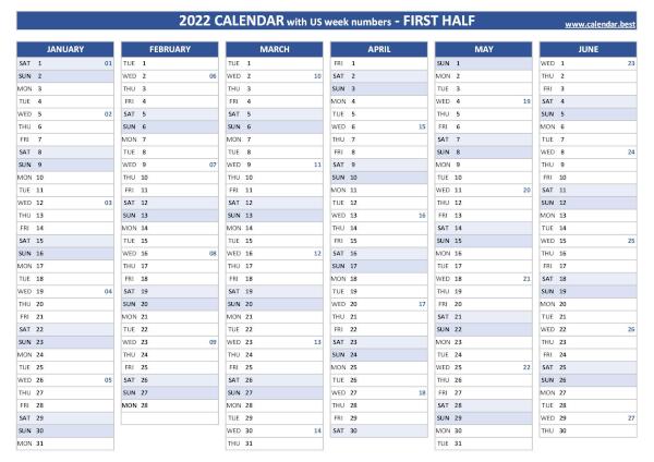 First half year calendar 2022 with week numbers