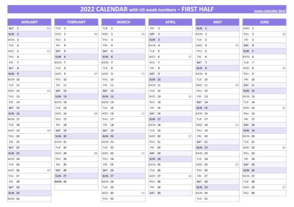 First half year calendar 2022 with week numbers