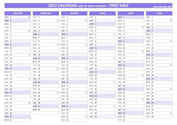 1st half 2022 calendar with week numbers to print, purple template First half year calendar 2022 with week numbers