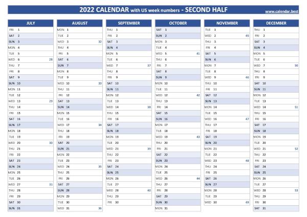 Second half year calendar 2022 with week numbers