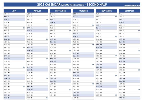2nd half 2022 calendar with week numbers to print, blue template Second half year calendar 2022 with week numbers